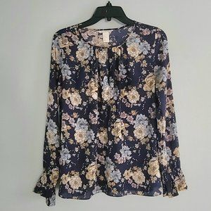 H&M Navy Blue Floral Print Long Sleeve Keyhole Collar Boho Peasant Blouse Top